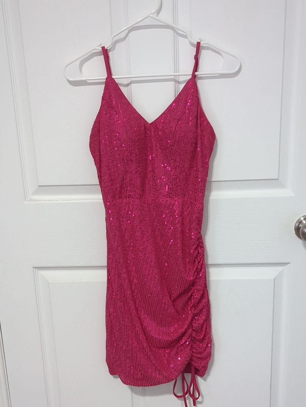 Sequin Ruched Hot Pink Spaghetti Strap Mini Dress